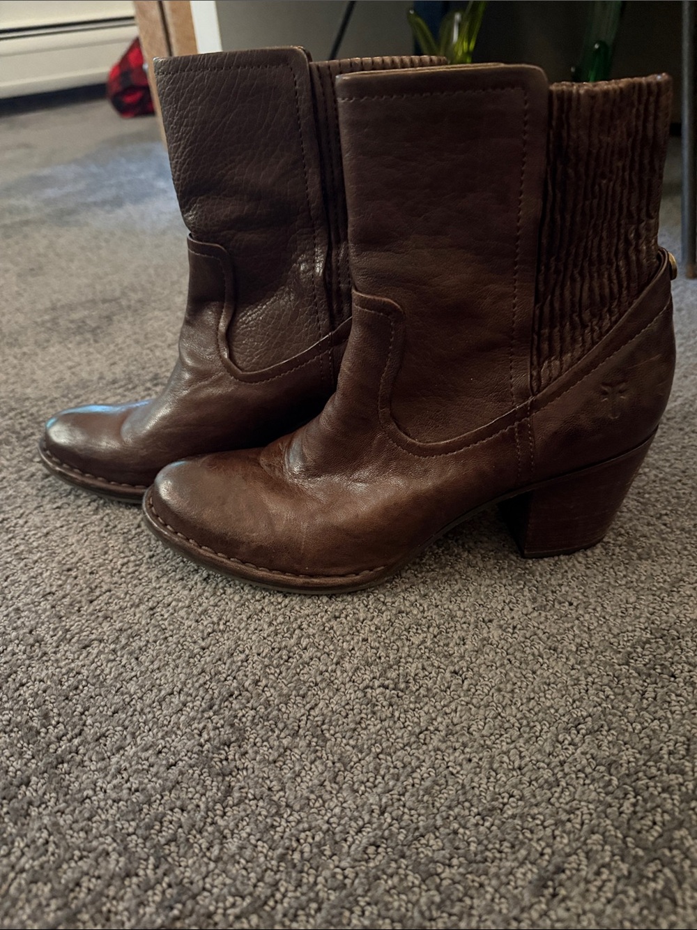 Frye Brown Leather Mid-Calf Block Heel Booties